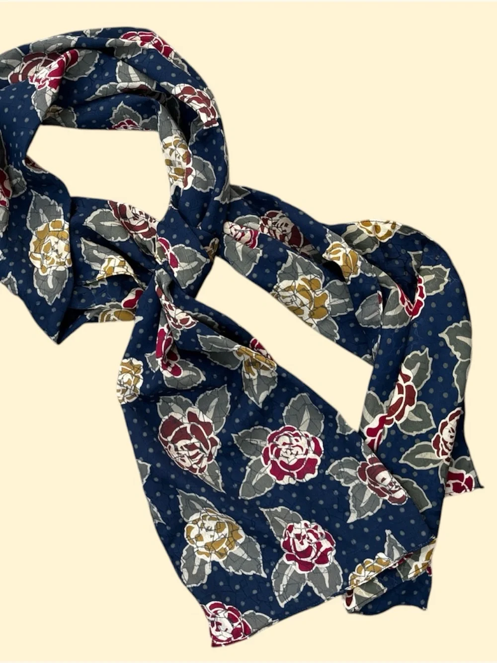 Vintage Navy Scarf with Red and Gold Floral Print